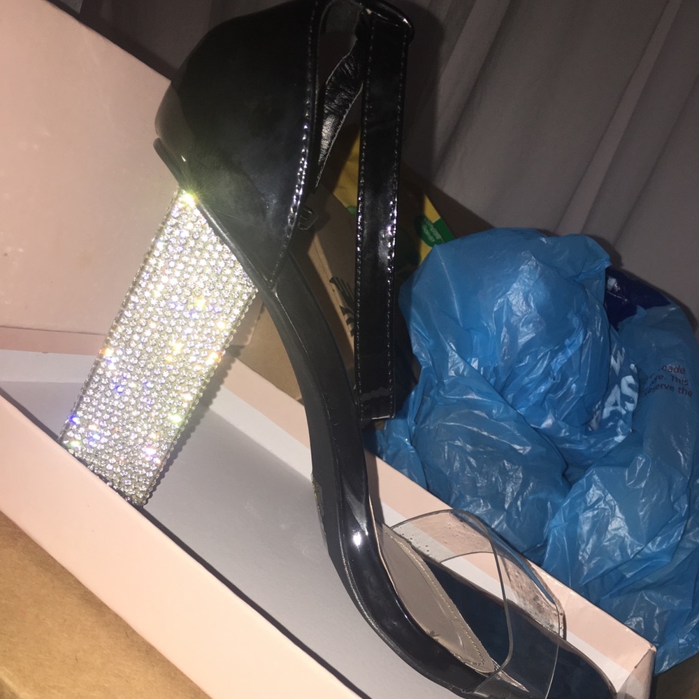 Azalea Wang Patent Black Rhinestone Heel Sandals